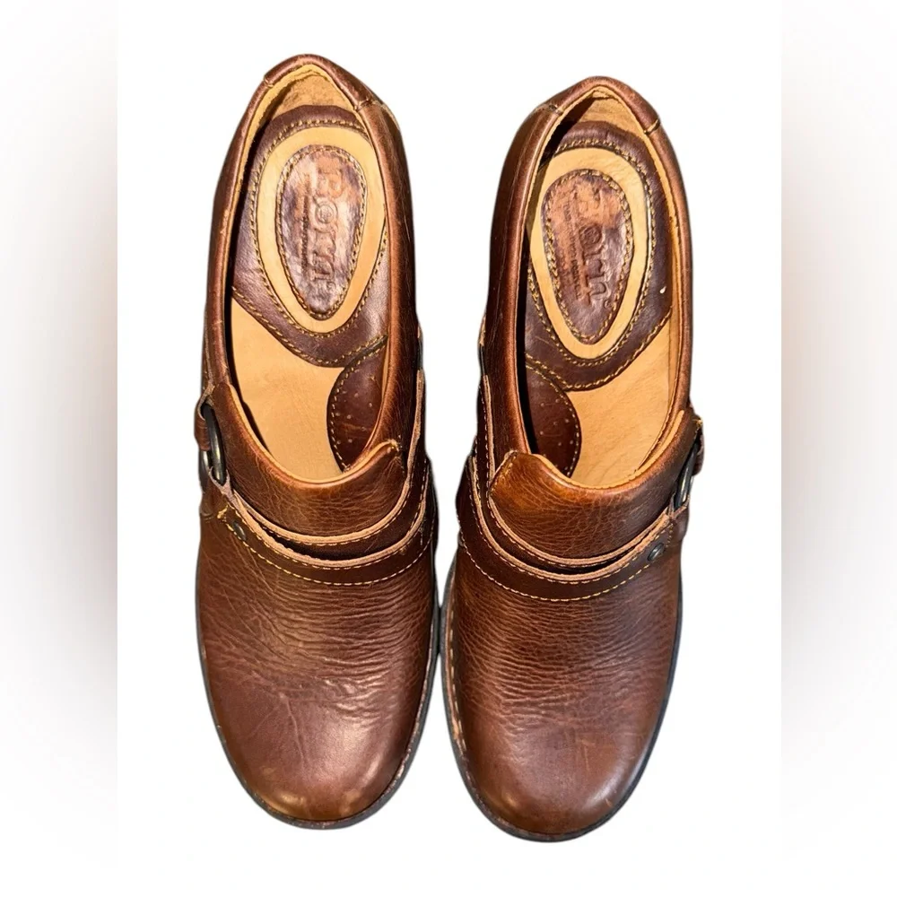 Born Haddon Brown Leather Mules with Chunky Heel Women’s Size 6.5
